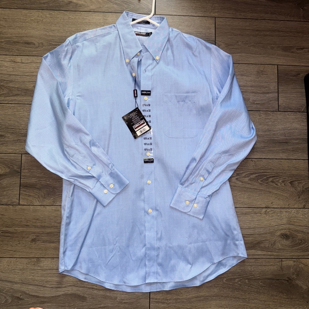Kirkland Signature Mens Light Blue Herringbone Non-Iron Dress Shirt 15.5 x 32